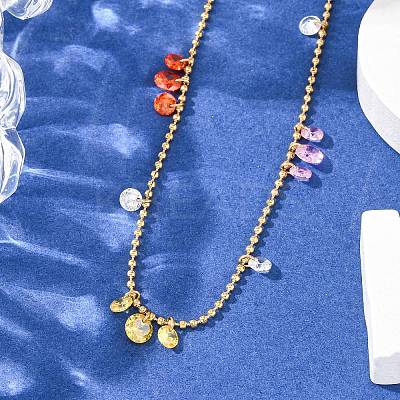 304 Stainless Steel Ball Chain Colorful Cubic Zirconia Flat Round Tassel Necklaces for Women LS-NJEW-A051-03G-01-1