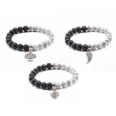 Natural Lava Rock and Synthetic Howlite Round Beads Stretch Bracelet for Men Women BJEW-JB06929-1