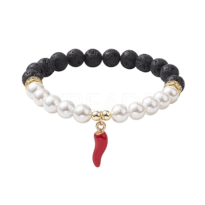 8mm Round Natural Lava Rock & Shell Pearl Beaded Stretch Bracelets BJEW-JB10243-1