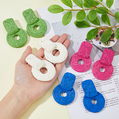 4 Pairs 4 Colors Raffia Grass Donut Dangle Stud Earrings EJEW-FI0002-30-1