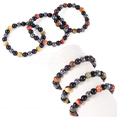 3Pcs 3 Styles 8MM Round Natural Tiger Eye & Black Onyx & Black Obsidian & Synthetic Non-Magnetic Hematite Beads Stretch Bracelets for Women Men BJEW-TA0001-20-1
