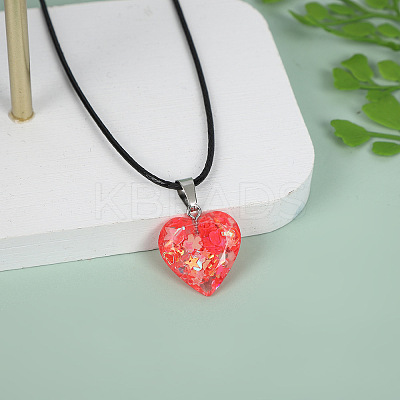 Luminous Heart with Paillette Inside Pendant Black Wax Cord Necklaces FS-WGF75A0-09-1