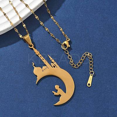 201 Stainless Steel Hollow Moon with Castle and Prayer Pendant Necklaces for Ramadan & Eid Mubarak NJEW-D318-05G-1