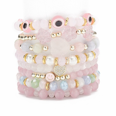 8Pcs 8 Style Mixed Gemstone & Shell Pearl & Cat Eye Stretch Bracelets Set BJEW-JB08782-1