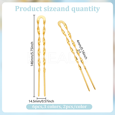 6Pcs 3 Colors Brass Hair Forks for Women AJEW-GO0002-34-1