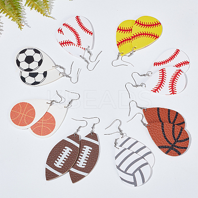 8 Pairs 8 Style PU Imitation Leather Teardrop with Sport Theme Pattern Dangle Earrings EJEW-AN0001-79-1