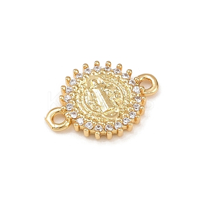 Brass Pave Clear Cubic Zirconia Religion Flat Round with Saint Connector Charms KK-L255-09G-02-1