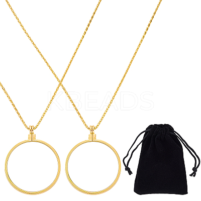 2Pcs Flat Round 5X Magnifying Glass Pendant Necklaces NJEW-SP0001-03G-1
