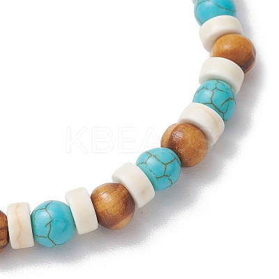 Synthetic Turquoise & Round Wood Beads Stretch Bracelets for Men Women BJEW-JM11833-01-1