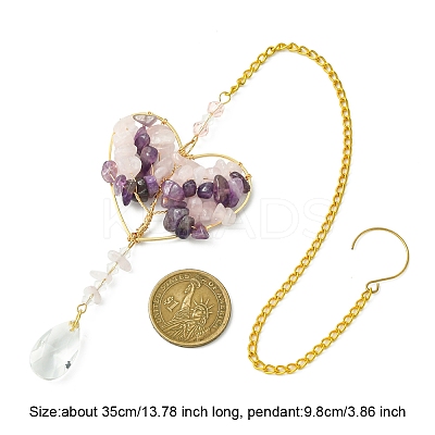 Wire Wrapped Natural Rose Quartz & Amethyst Chip Heart with Tree Pendant Decoration HJEW-FS00019-1