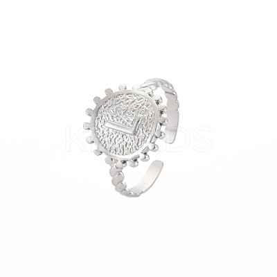 Non-Tarnish 304 Stainless Steel Flat Round with Initial Letter Open Cuff Ring for Men Women RJEW-S405-246P-L-1