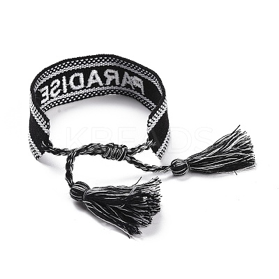 Word Paradise Polycotton(Polyester Cotton) Braided Bracelet with Tassel Charm LS-BJEW-F429-09-1