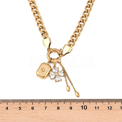 304 Stainless Steel Pave Clear Cubic Zirconia Flower Rectangle Tassel Pendant Necklaces for Women NJEW-K300-02G-1