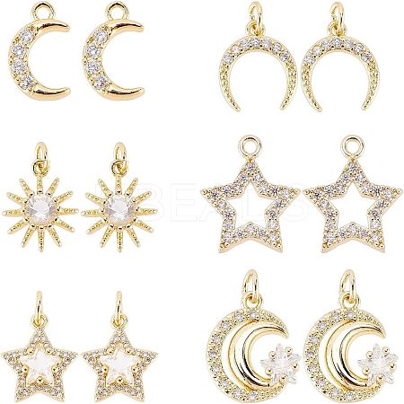 12Pcs 6 Style Brass Cubic Zirconia Charms ZIRC-FH0001-36-1
