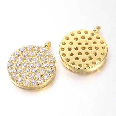 Hollow Flat Round Brass Micro Pave Cubic Zirconia Charms ZIRC-D052-G-1
