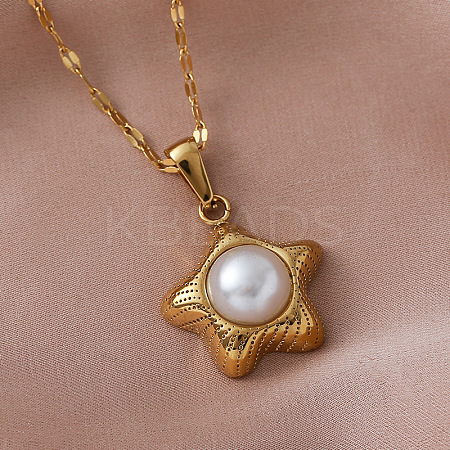 Vintage 304 Stainless Steel Ocean Starfish Pendant Necklaces with Imitation Pearl for Women EC5636-1