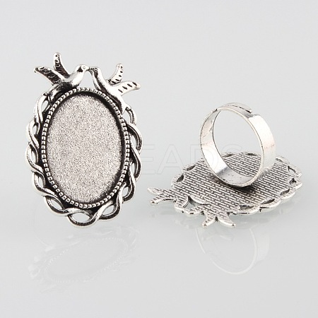Vintage Adjustable Iron Finger Ring Components Alloy Double Kissing Birds Cabochon Bezel Settings X-PALLOY-O039-14AS-1