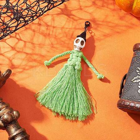 Halloween Cotton Threads Tassel & Synthetic Turquoise Skull Pendant Decorations HJEW-JM03757-03-1