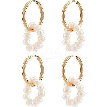 2 Pairs Natural Pearl Beaded Ring Dangle Hoop Earrings for Girl Women EJEW-NB0001-06-1