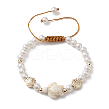 Adjustable Synthetic Turquoise & ABS Plastic Pearl Braided Bead Bracelet BJEW-JB10101-01-1