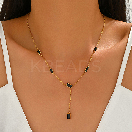 Stainless Steel & Black Rectangle Block Y-shaped Tassel Necklaces for Daily and Formal Wear UV0910-1