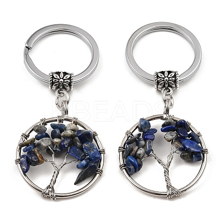 Natural Lapis Lazuli Flat Round with Tree of Life Pendant Keychain KEYC-E023-03N-1