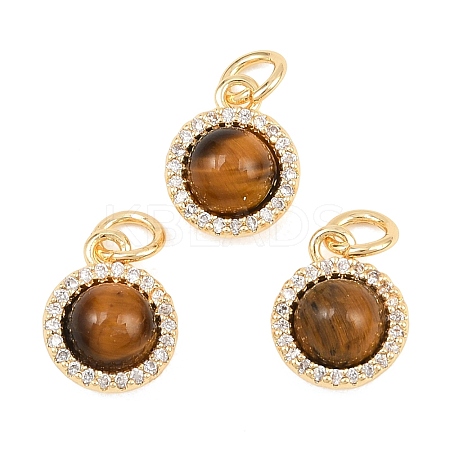 Natural Tiger Eye Round Charms with Brass Micro Pave Clear Cubic Zirconia Settings KK-H538-16G-1