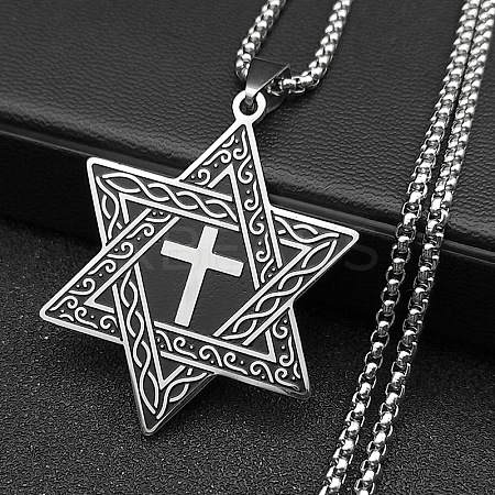 201 Stainless Steel Star of David with Cross Pendant Necklaces NJEW-S007-07P-1