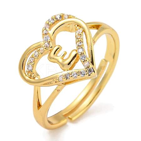 Heart with Letter Rack Plating Brass Micro Pave Clear Cubic Zirconia Adjustable Rings for Women RJEW-I105-01G-E-1