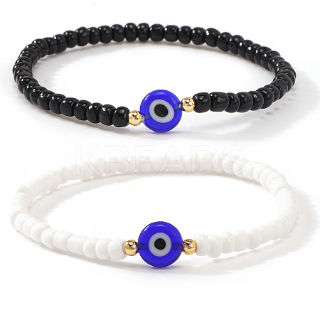 2Pcs Evil Eye Glass Seed Bead & Brass Stretch Bracelets for Women LG5475-1-1