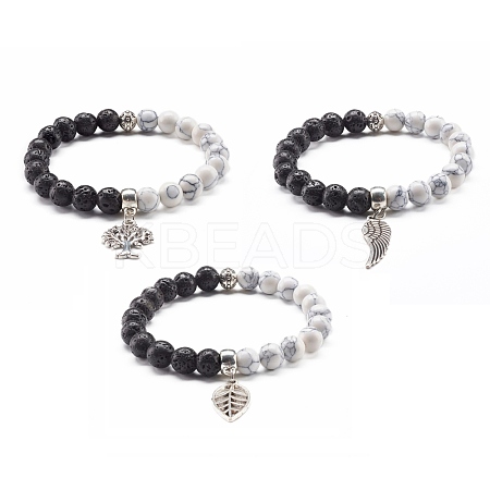 Natural Lava Rock and Synthetic Howlite Round Beads Stretch Bracelet for Men Women BJEW-JB06929-1