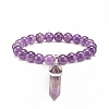 Natural Amethyst Round Beaded Stretch Bracelet with Bullet Shape Charm BJEW-JB08310-03-1