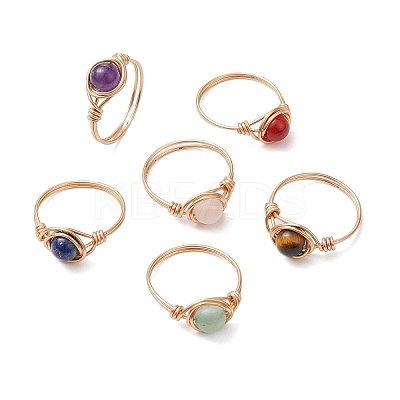 Round Natural Amethyst/Green Aventurine/Carnelian/Rose Quartz/Tiger Eye/Lapis Lazuli Braided Finger Ring RJEW-JR00743-02-1