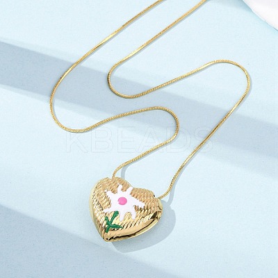 304 Stainless Steel Enamel Heart with Flower Pendant Necklaces for Women NJEW-D347-01G-02-1