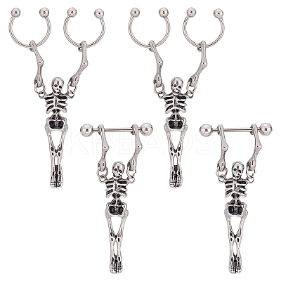 4Pcs 2 Style Stainless Steel Skeleton Skull Dangle Hoop Earrings for Women EJEW-AN0002-52-1