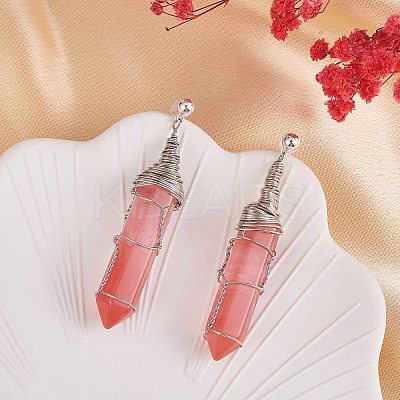 Cherry Quartz Glass Double Point Bullet Dangle Stud Earrings EJEW-PH01406-01-1