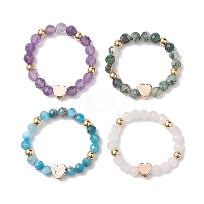 Round Natural Apatite & Green Aventurine & Amethyst & Moss Agate Beads Stretch Rings for Women RJEW-JR00714-01-1