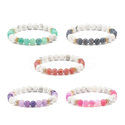 5Pcs 5 Color Natural Weathered Agate(Dyed) & Howlite Round Beaded Stretch Bracelets Set BJEW-JB08087-1