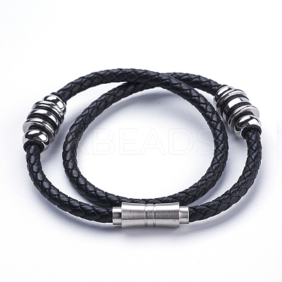 Two Loops Braided Leather Cord Wrap Bracelets BJEW-F291-17P-1