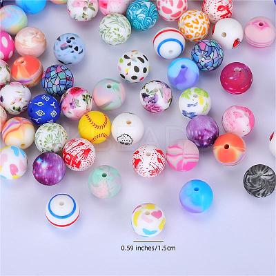 Printed Round with Flower Pattern Silicone Focal Beads SI-JX0056A-113-1