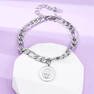 304 Stainless Steel Flat Round with Hamsa Hand Charm Bracelets BJEW-A036-13P-1