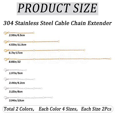 16Pcs 8 Style 304 Stainless Steel Cable Chain Extender STAS-CN0001-61-1