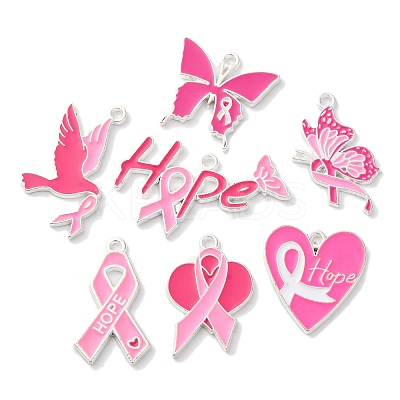 14Pcs 7 Styles Breast Cancer Pink Awareness Ribbon Theme Alloy Enamel Pendants ENAM-FP0002-54-1