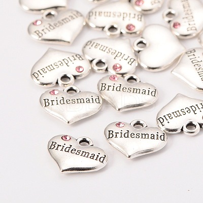 Wedding Theme Antique Silver Tone Tibetan Style Heart with Bridesmaid Rhinestone Charms TIBEP-N005-04D-1