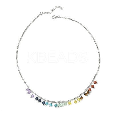 Natural & Synthetic Mixed Gemstone Round Charms Bib Necklace with 304 Stainless Steel Chains NJEW-TA00088-1