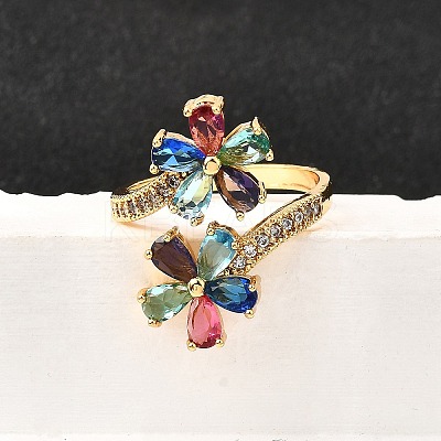 Brass Micro Pave Cubic Zirconia Cuff Rings RJEW-D308-03G-A-1
