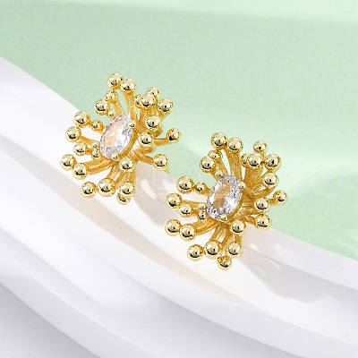 Flower Brass Clear Cubic Zirconia Stud Earrings EJEW-R025-22G-1
