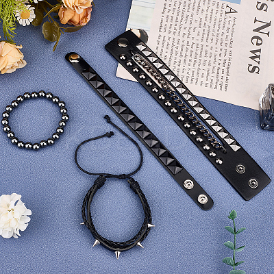 4Pcs 4 Styles Punk Style Hematite Round Beaded Stretch Bracelets & Rivets Bracelets  with Alloy Braided Bead Bracelets & Imitation Leather Bangles for Men Women BJEW-WH20002-09A-1