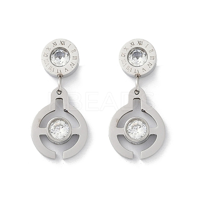Flat Round 304 Stainless Steel Micro Pave Clear Cubic Zirconia Dangle Stud Earrings EJEW-Z089-28P-1