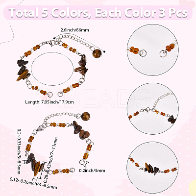 15Pcs 5 Styles Synthetic Turquoise & Natural Rose Quartz & Tiger Eye & Amethyst & Red Jasper Chips & Handmade Seed Beads Bracelet Making AJEW-SC0031-86-1